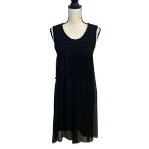 Linea Domani Sleeveless Black Georgette Eyelet Tassel Shift Dress Size Small